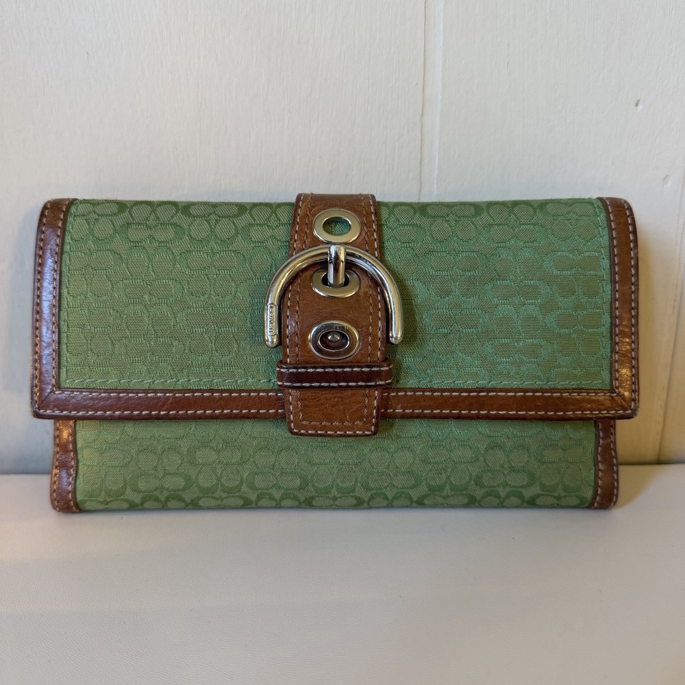 Coach SOHO Green Mini Signature C Canvas Leather Buckle Bi-Fold Wallet VTG Y2K